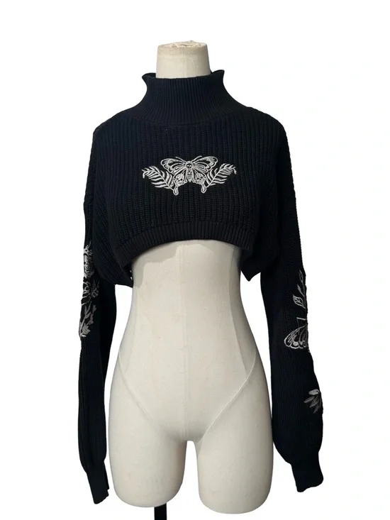 Cosmic Aura Death's-Head Moth Mock Neck Girls Crop Sweater - Picture 3 of 8